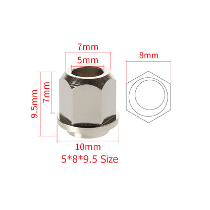 Eccentric Nut Nickel Plated V Groove Hex Nut by 3D Printing Perth - Cirrus Link features a 7mm width, 9.5mm height, inner dimensions of 5mm and 7mm, and an outer circle of 8mm. Labeled "5*8*9.5 Size," it's perfect for mechanical uses like 3D printing projects.
