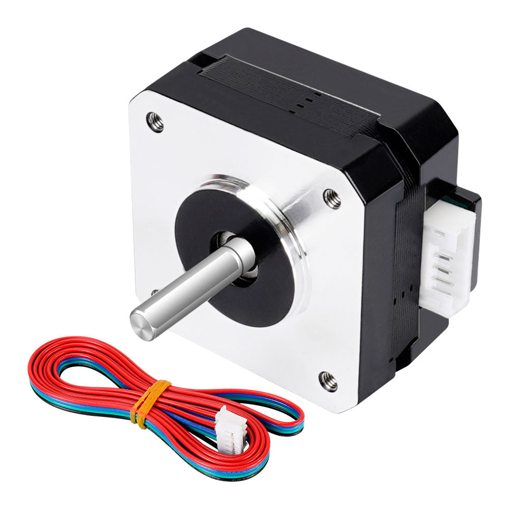 The Titan Extruder 42 Stepper Motor by 3D Printing Perth - Cirrus Link, with a visible metal shaft and multicolored wired connector, boasts a 23mm height, 1.8-degree step angle, and two phases. It ensures precision and reliability for every print in 3D printing applications.