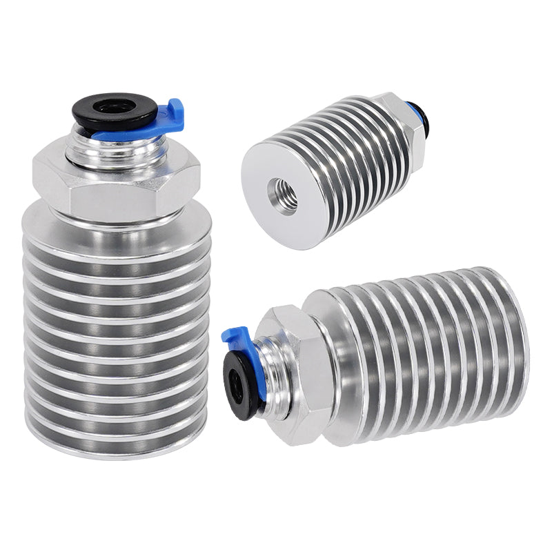 Three pieces of the E3D V6 Remote Heat Sink Kit by 3D Printing Perth - Cirrus Link, an all-metal design with cylindrical ribbed bodies and threaded ends, featuring small blue caps, ideal for 3D printing setups like the E3D V6.