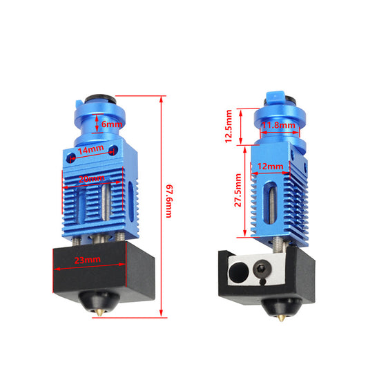 Get a pair of CR10 Ender3 New Type Extruder Upgrades from 3D Printing Perth - Cirrus Link. These blue metal extruder hotends are perfect as a 3D printing upgrade with their all-metal construction. They have measurements of 67.5mm in total height, 14mm in width, and sections measuring 12.5mm and 11.8mm, with a base width of 23mm—ideal for use with CR10 or Ender 3 printers.