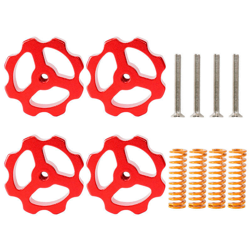 A CR10 M4 Leveling Spring & Nut Bed Platform Screw Kit from 3D Printing Perth - Cirrus Link, featuring four red star-shaped knobs, four silver screws, and five yellow springs, is neatly arranged on a white background showcasing essential 3D printer accessories.