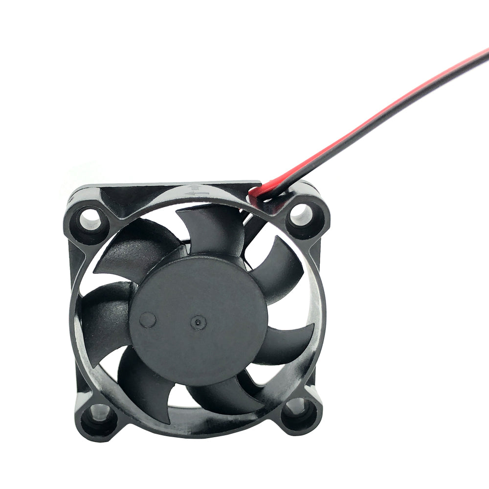 A Fan 4010 24V Dual Ball Bearing Cooling Fan from 3D Printing Perth - Cirrus Link, featuring black color and dual ball bearings, along with red and black power wires. It is displayed vertically against a white background and is ideal for high-performance cooling in 3D printers.