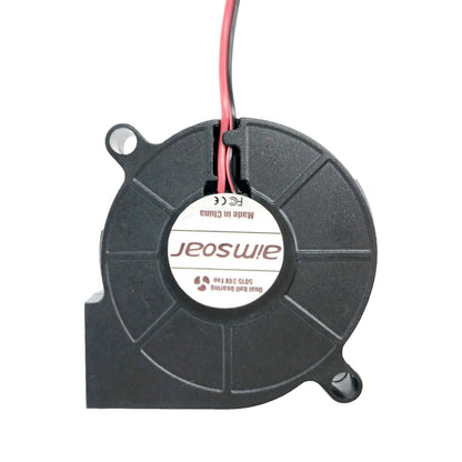 A round, black Blower 5015 from 3D Printing Perth - Cirrus Link, featuring a 24V dual ball bearing design capable of reaching 6200 RPM and producing 15 CFM with a noise level of 33 dBA. Two red and black wires extend from the top, making it ideal for cooling applications in 3D printing setups.