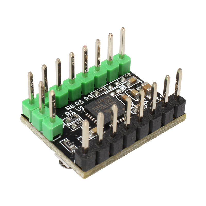 Close-up of a TMC2209 Stepper Motor Driver Ultra Quiet High Current by 3D Printing Perth - Cirrus Link, featuring pins and labeled connections for 3D printers, on a white background.