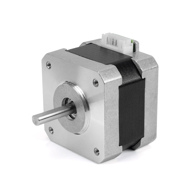 Close-up of a 42 Stepper Motor, silver and black, with a metal shaft and rear connector; ideal for CR-10 and Ender-3 printers. Product: 42 Stepper Motor 32mm High for CR10 Ender 3 5 by 3D Printing Perth - Cirrus Link.