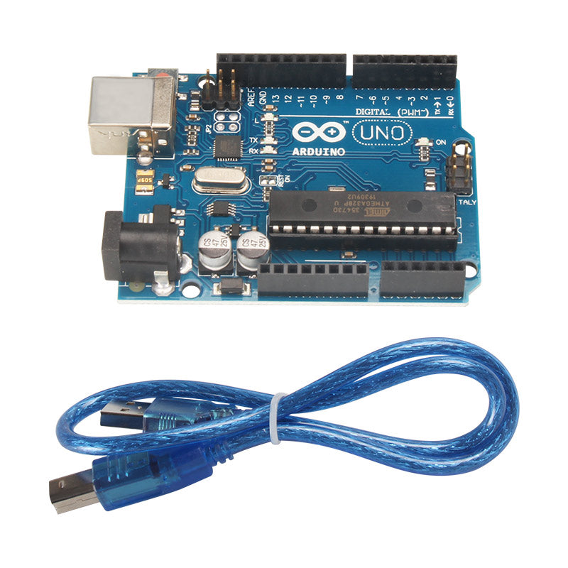 Arduino UNO R3 ATmega328P Microcontroller Development Board by 3D Printing Perth - Cirrus Link with a USB cable beneath it.