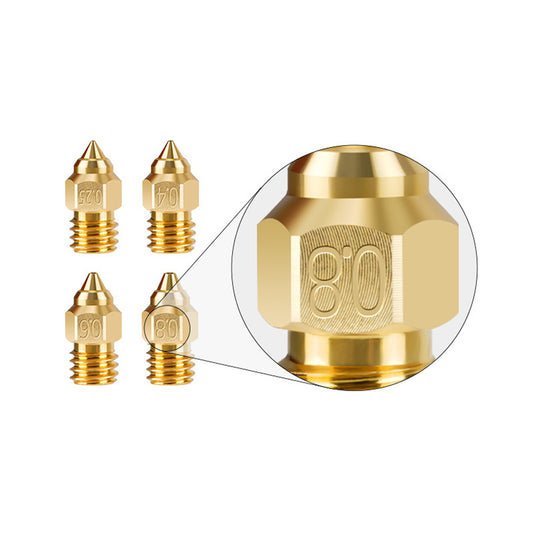 Four brass nozzles from 3D Printing Perth - Cirrus Link are shown with sizes 0.2, 0.4, 0.6, and 0.8 mm, labeled for clarity. A close-up of the Brass Nozzle for Creality Ender-3 CR-6 highlights the engraved size on the 0.8 mm tip for precision and clarity.