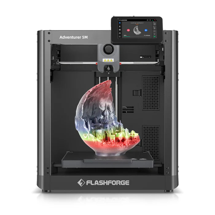The FlashForge 3D Printer FlashForge Adventurer 5M - High-Speed Direct Extruder is shown with its high-performance 3D printing capabilities, creating a colorful, semi-transparent object resembling a half-shell with intricate internal structures. The printer's touchscreen is visible at the top.