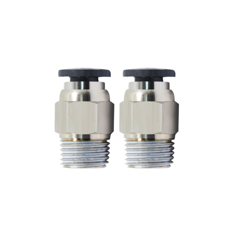 The image features two PC4 M10 Quick Connector Steel fittings from 3D Printing Perth - Cirrus Link, showcasing their black tops and threaded ends against a white background, perfect for connecting 4mm Teflon tubing in 3D printing configurations.