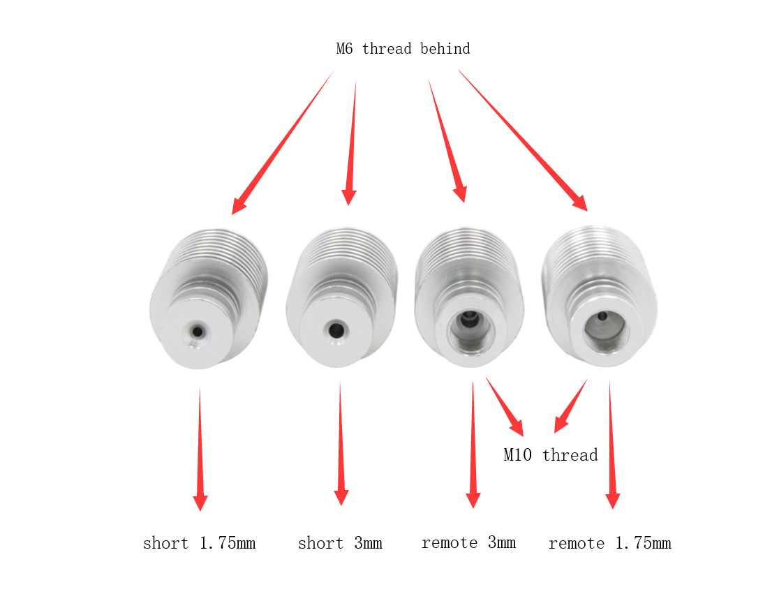 Four metal nozzles designed for direct drive systems feature arrows marked "M6 thread behind," labeled as E3D V5 Short Heat Sink 1.75mm, and provide enhanced compatibility in 3D printing setups with one nozzle noted as "M10 thread." These are offered by the brand 3D Printing Perth - Cirrus Link.
