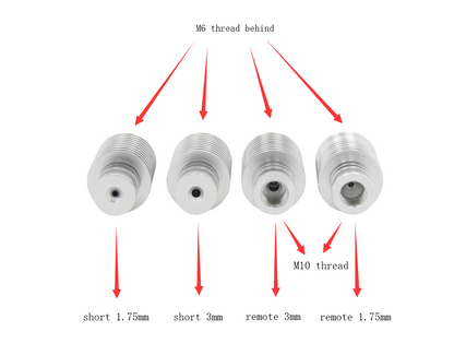 Four metal nozzles designed for direct drive systems feature arrows marked "M6 thread behind," labeled as E3D V5 Short Heat Sink 1.75mm, and provide enhanced compatibility in 3D printing setups with one nozzle noted as "M10 thread." These are offered by the brand 3D Printing Perth - Cirrus Link.