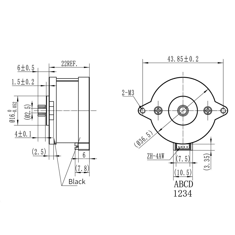 The technical diagram showcases a mechanical part for 3D printers with detailed side and front views. The left view presents dimensions, while the right specifies mounting details for integrating the VORON 36 Stepper Motor with Cable 2.4V High Temp Resistance by 3D Printing Perth - Cirrus Link.