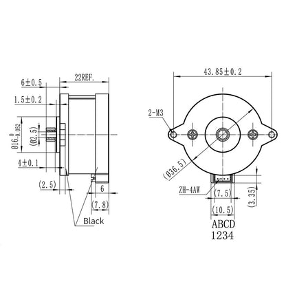 The technical diagram showcases a mechanical part for 3D printers with detailed side and front views. The left view presents dimensions, while the right specifies mounting details for integrating the VORON 36 Stepper Motor with Cable 2.4V High Temp Resistance by 3D Printing Perth - Cirrus Link.