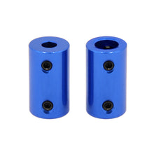 Two blue ASR Aluminum Shaft Couplings for Motor & Lead Screw Linkage, each with two black set screws, stand upright on a white background—ideal for rigid shaft coupling in stepper motor applications.