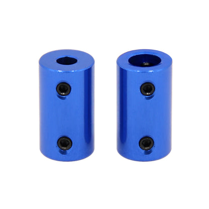 Two blue ASR Aluminum Shaft Couplings for Motor & Lead Screw Linkage, each with two black set screws, stand upright on a white background—ideal for rigid shaft coupling in stepper motor applications.
