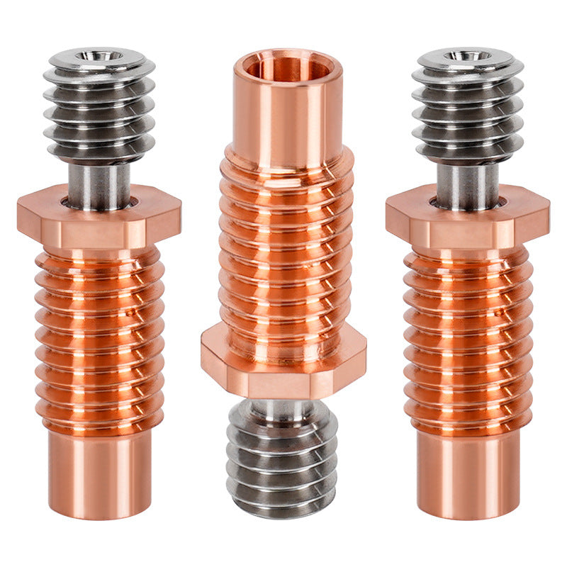 The E3D V6 Titanium Alloy Red Copper Throat from 3D Printing Perth - Cirrus Link includes three metal heat break components with ribbed cylindrical sections and threaded ends, compatible with the E3D V6 system.