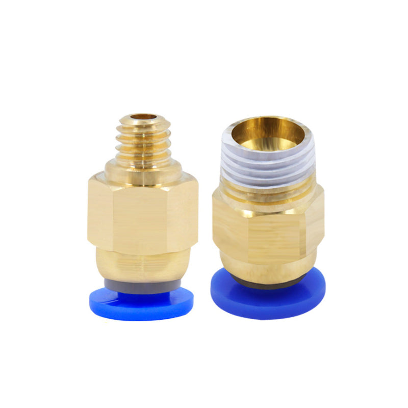 Two Pneumatic Quick Connectors for Teflon Tubes from 3D Printing Perth - Cirrus Link, featuring brass construction and blue bases, are positioned next to each other. One connector has an open end and the other a threaded end, both designed to enhance efficiency and provide seamless integration in pneumatic systems.