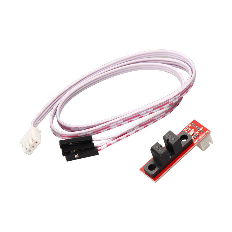 The Optical Endstop from 3D Printing Perth - Cirrus Link, featuring a red circuit board and three black components, connects via a white 50cm cable with a plug. Ideal for 3D printers, it ensures precise limit control and positioning.