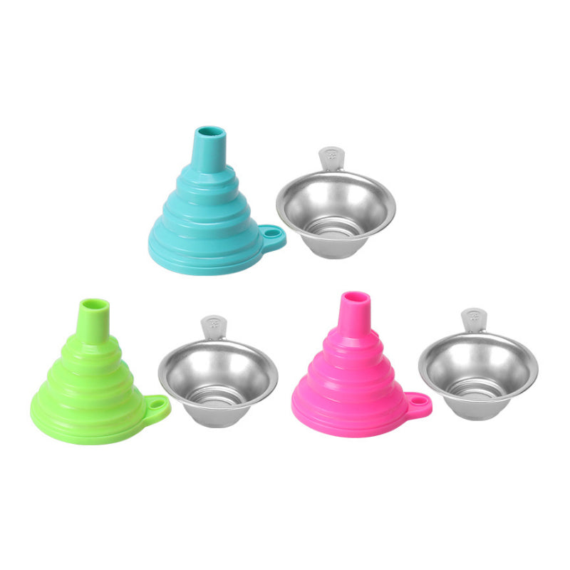 Three collapsible funnels in teal, green, and pink are placed beside three metal bowls on a white background. Ideal for creative projects or kitchen organization, the Resin Collection Filter for SLA DLP 3D Printing and Liquid Filter Funnel for Resin Recycling by 3D Printing Perth - Cirrus Link can also serve efficiently as a resin collection filter with SLA 3D printers.