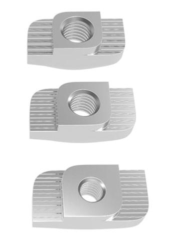 Three Aluminum Profile Nut 2020 Boat Hammer Nuts from 3D Printing Perth - Cirrus Link, featuring threaded holes and arranged vertically, perfect for 3D printing projects.