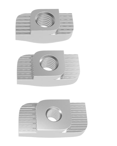 Three components from the 3D Printing Perth - Cirrus Link brand, similar to their Aluminum Profile Nut 2020 Boat Hammer Nut, feature a rectangular base with a vertical circular hole and have a metallic threading.