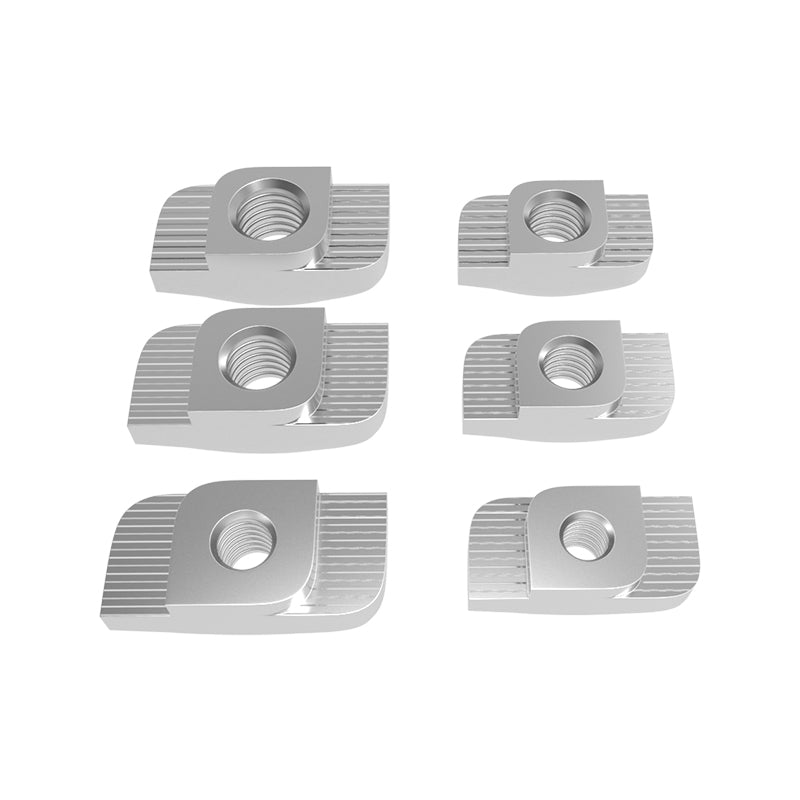 Six gleaming silver metal Aluminum Profile Nut 3030 Boat Hammer Nuts from 3D Printing Perth - Cirrus Link feature grooved surfaces and threaded holes. Arranged on a white background, these nuts are versatile and compatible with the 3030 standard for 3D printing projects.