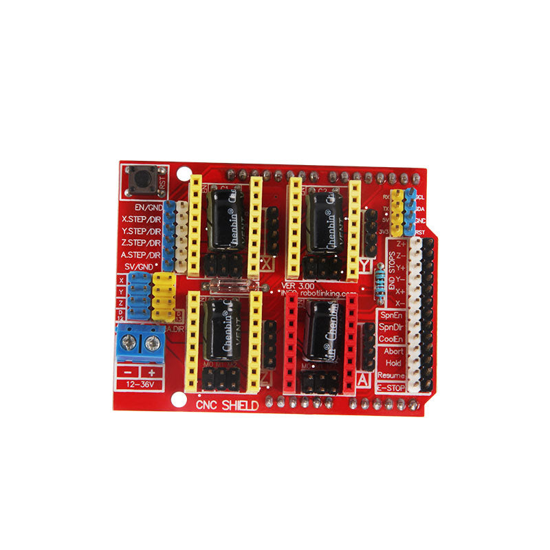 A CNC Shield V3 Engraving Machine Development Board by 3D Printing Perth - Cirrus Link, in red with labeled yellow and black pins for stepper motor driver connections, integrates seamlessly with your engraving machine.