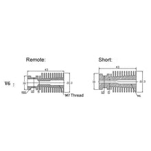 A technical diagram displays two threaded components labeled "Remote" and "Short," each featuring M7 and M6 threads, showcasing the thermal performance of the V6 Short Heat Sink 1.75mm by 3D Printing Perth - Cirrus Link, making it an ideal enhancement for 3D printers.
