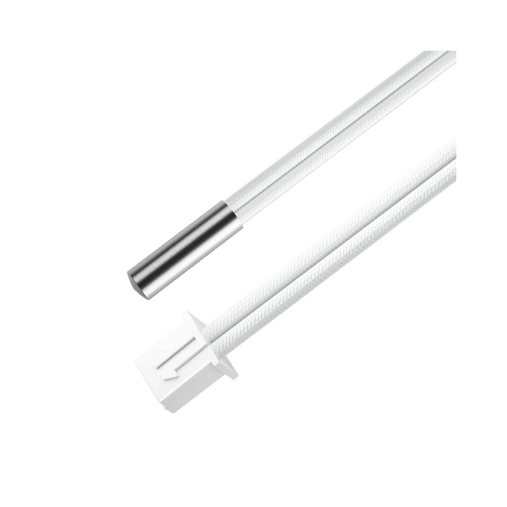 Close-up of two white braided cables with metal and plastic connectors, ideal for upgrading a 3D printer with the CR-6SE NTC Heater & Thermistor Kit 90mm 24V40W by 3D Printing Perth - Cirrus Link.
