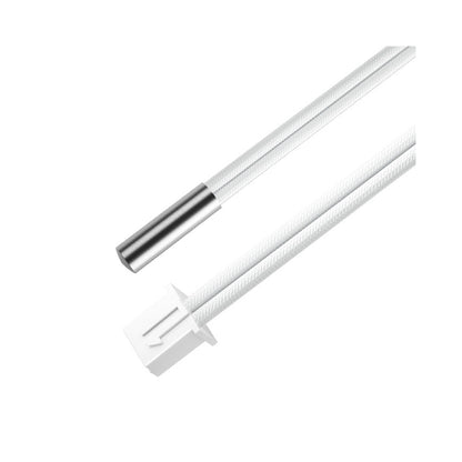 Close-up of two white braided cables with metal and plastic connectors, ideal for upgrading a 3D printer with the CR-6SE NTC Heater & Thermistor Kit 90mm 24V40W by 3D Printing Perth - Cirrus Link.