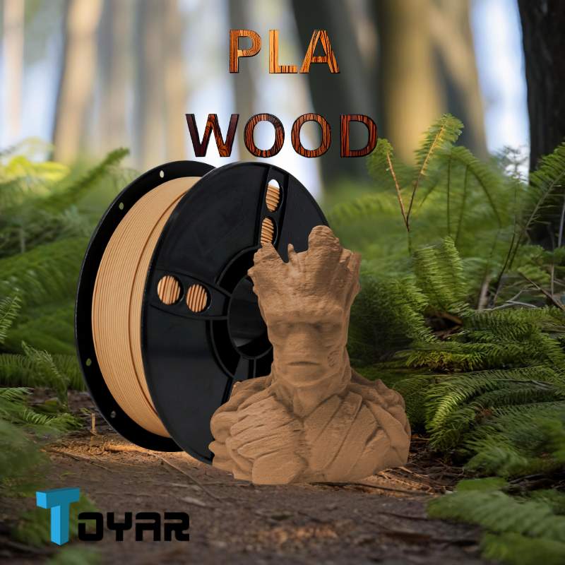 A spool of Toyar Wood (PLA) 1.75mm 3D Printing Filament with a statue of a Groot.
