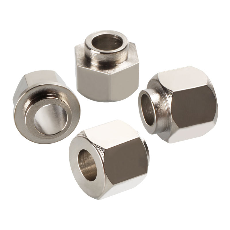 Four Eccentric Nut Nickel Plated V Groove Hex Nuts from 3D Printing Perth - Cirrus Link, ideal for mechanical uses. With diverse orientations and threaded holes, their design could inspire 3D printing enthusiasts to craft a custom version.