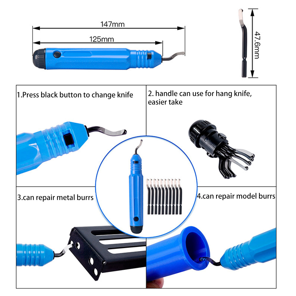 The 3D Printing Model Deburring Cutter Head and Hand-made Polishing Tool with Detachable Blade by 3D Printing Perth - Cirrus Link, in blue, is displayed from different angles and usage scenarios. Perfect for 3D printing enthusiasts, the image also includes dimensions and instructions.