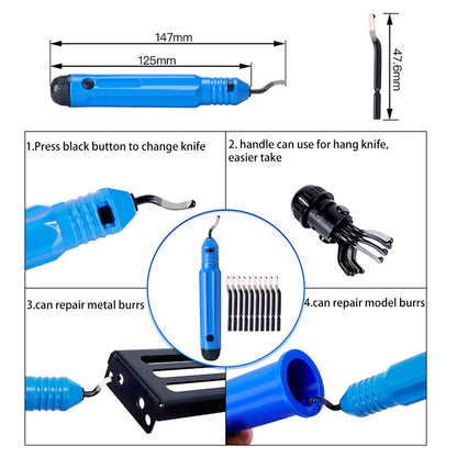 The 3D Printing Model Deburring Cutter Head and Hand-made Polishing Tool with Detachable Blade by 3D Printing Perth - Cirrus Link, in blue, is displayed from different angles and usage scenarios. Perfect for 3D printing enthusiasts, the image also includes dimensions and instructions.
