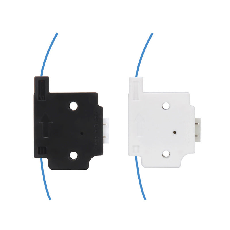 Two components, a black and a white 3D Printing Filament detector from 3D Printing Perth - Cirrus Link, have two small holes and an attached blue wire.