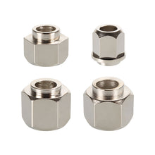 Four Eccentric Nut Nickel Plated V Groove Hex Nuts from 3D Printing Perth - Cirrus Link, ideal for mechanical applications, are displayed on a plain white background.