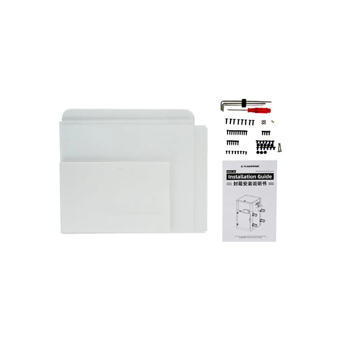 The FlashForge AD5X Printer Enclosure – Temperature & Safety Control comes with mounting screws, wall anchors, Allen key, and installation guide—ideal for organizing your 3D printer or FlashForge AD5X setup.