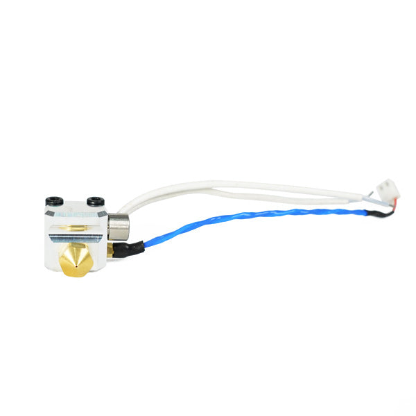 The 0.4mm Nozzle Assembly for Creator Pro 2 by Flashforge showcases an intricately designed extruder with attached wires, all displayed against a pristine white backdrop, ideal for precision 3D printing tasks.