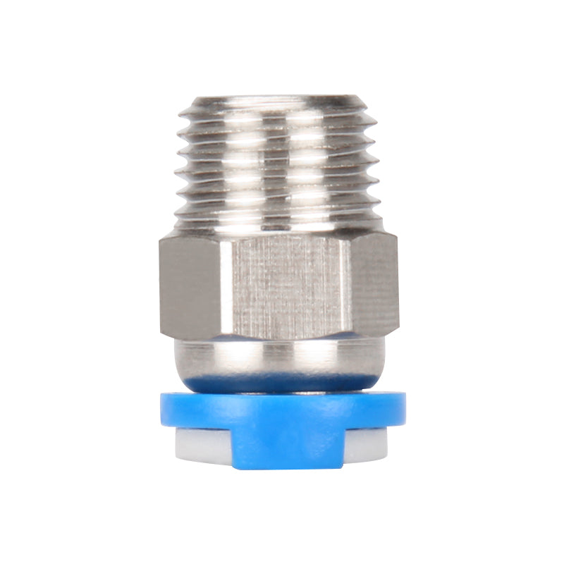 Close-up of a Pneumatic Quick Connector JP4-01 Perforated with M10 Thread by 3D Printing Perth - Cirrus Link, featuring a blue base, against a white background.