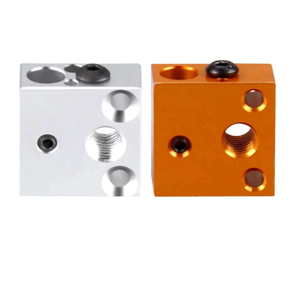 The description matches a CR10S CR10 Heat Block Replacement Part by 3D Printing Perth - Cirrus Link, featuring two metal blocks with multiple holes, one in silver and the other in orange, crafted for efficient 3D printing.