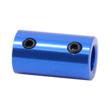 The ASR Aluminum Shaft Coupling for Motor & Lead Screw Linkage is a blue metal cylindrical coupling with two hex socket set screws and a central borehole, perfect for connecting shafts in stepper motor applications.