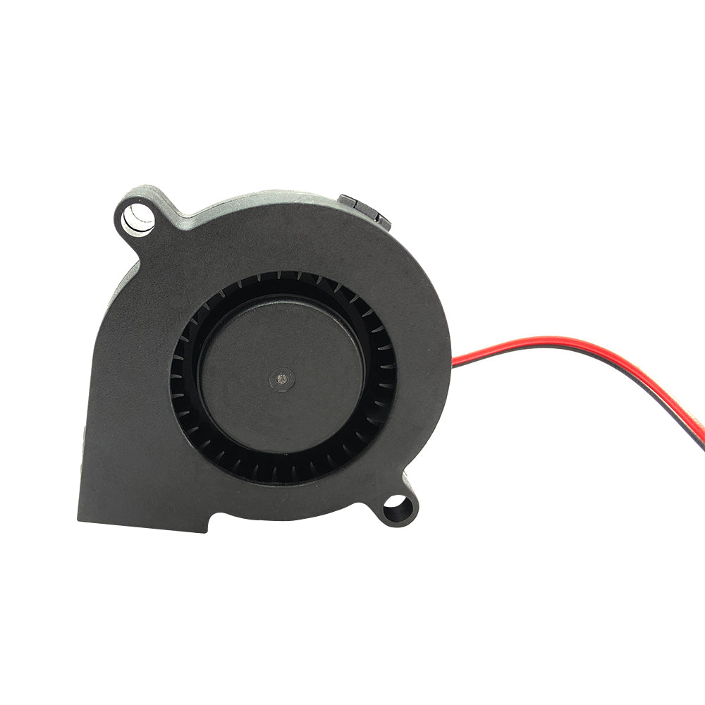 Introducing the Blower 5015 by 3D Printing Perth - Cirrus Link: A high-performance cooling fan in sleek black with a circular vent and two attachment holes. It features red and black wires extending from the side, perfect for efficient heat management. Designed to ensure optimal airflow in electronic setups, this 24V fan operates at 6200 RPM delivering 15 CFM at just 27 DBA, thanks to its oil-bearing technology.