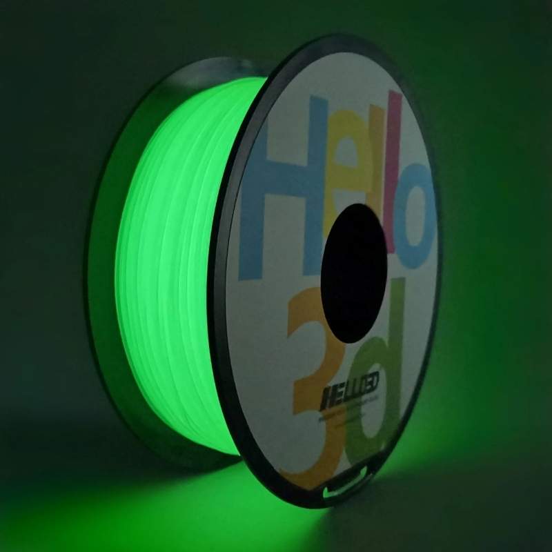 A spool of green Hello3D PLA Glow In The Dark 1.75mm 3D Printing Filament.
