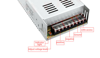 The High Quality 24V 15A Power Supply Unit by 3D Printing Perth - Cirrus Link is ideal for 3D printers, featuring labeled components like an indicator light, voltage knob, and various terminals for efficient energy delivery.