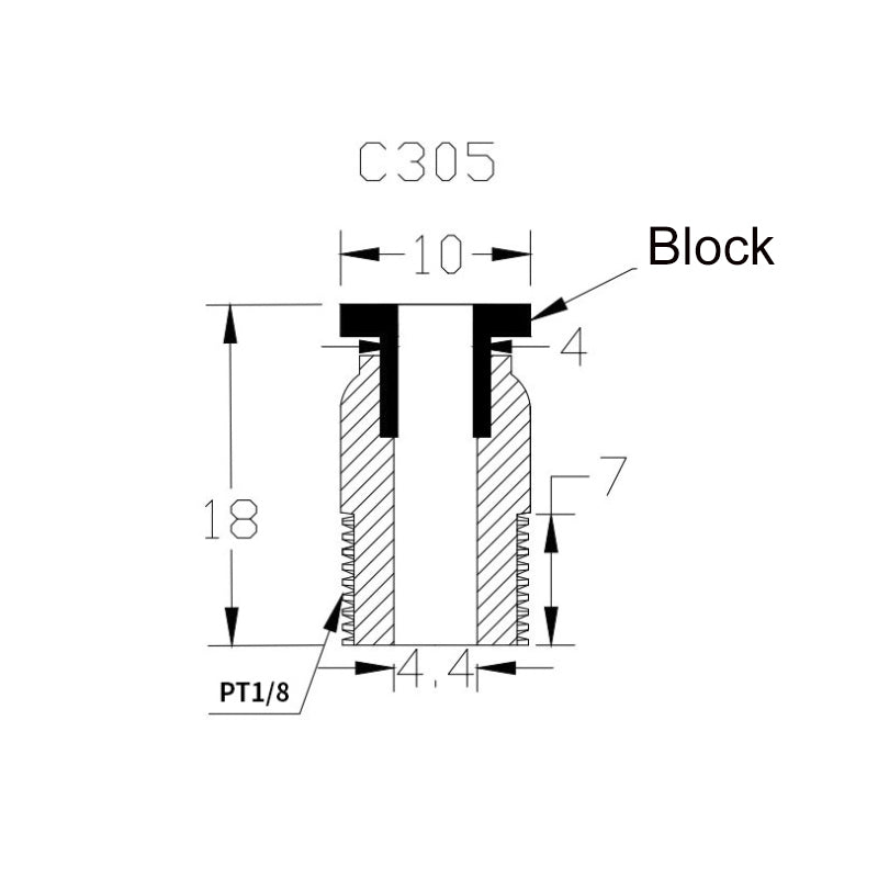 The technical diagram of a block component labeled "C305" features dimensions of 18, 10, 4, 4.4, and 7. It includes a PT1/8 specification and is designed for compatibility with the PC4 M10 Quick Connector Steel for 4mm Teflon Tube by the brand "3D Printing Perth - Cirrus Link." This component is ideal for integration into systems utilizing Teflon tubing or those manufactured via 3D printing.