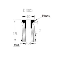 The technical diagram of a block component labeled "C305" features dimensions of 18, 10, 4, 4.4, and 7. It includes a PT1/8 specification and is designed for compatibility with the PC4 M10 Quick Connector Steel for 4mm Teflon Tube by the brand "3D Printing Perth - Cirrus Link." This component is ideal for integration into systems utilizing Teflon tubing or those manufactured via 3D printing.