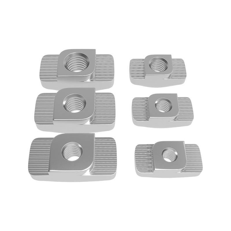 Six Aluminum Profile Nut 2020 Boat Hammer Nuts, crafted from silver metal and reminiscent of the ones offered by 3D Printing Perth - Cirrus Link, feature threaded holes and are available in different sizes, neatly organized in two columns. Perfect for 3D printing projects, these versatile components provide a secure and dependable fit.
