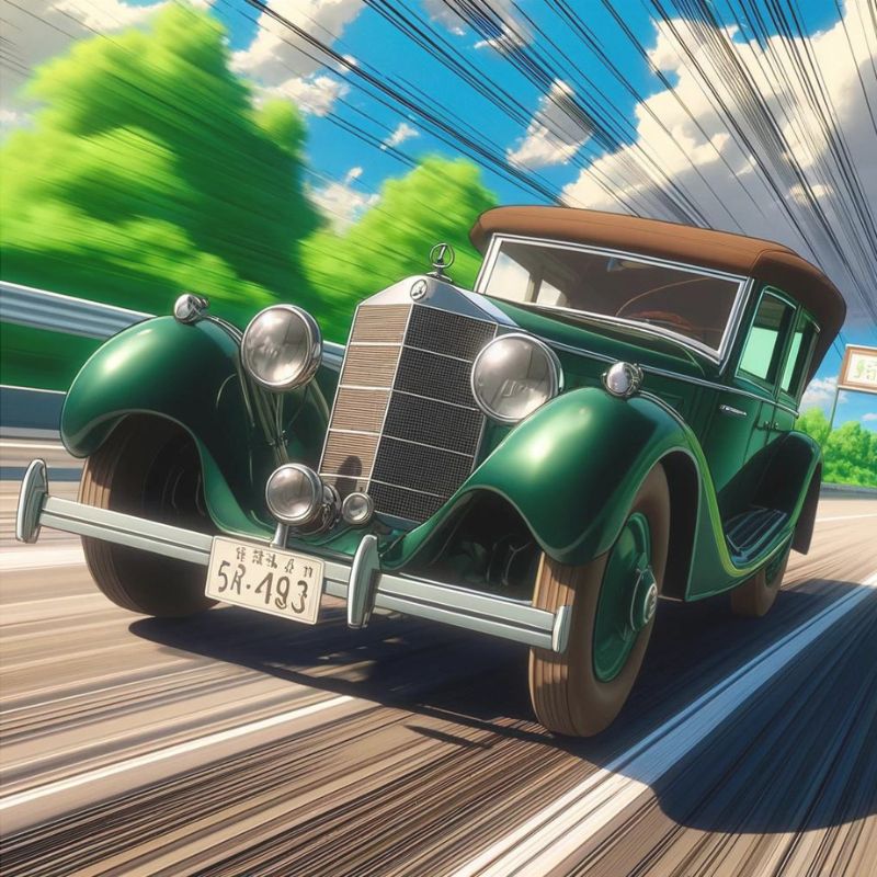 Illustration of a classic 1930s Mercedes model speeding down a highway, with motion lines in the background and lush greenery visible. Product: STL File : 1930 Mercedes Vehicle by brand: Gordon Nezich.