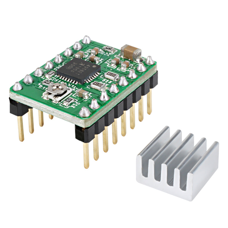Close-up of a green circuit board with multiple pins and electronic components, showcasing the A4988 Stepper Motor Driver Module from 3D Printing Perth - Cirrus Link beside a small silver heatsink.