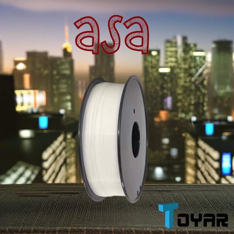 A spool of Toyar ASA 1.75mm 3D Printing Filament on a table in front of a city, ideal for 3D printing with weather resistance.
